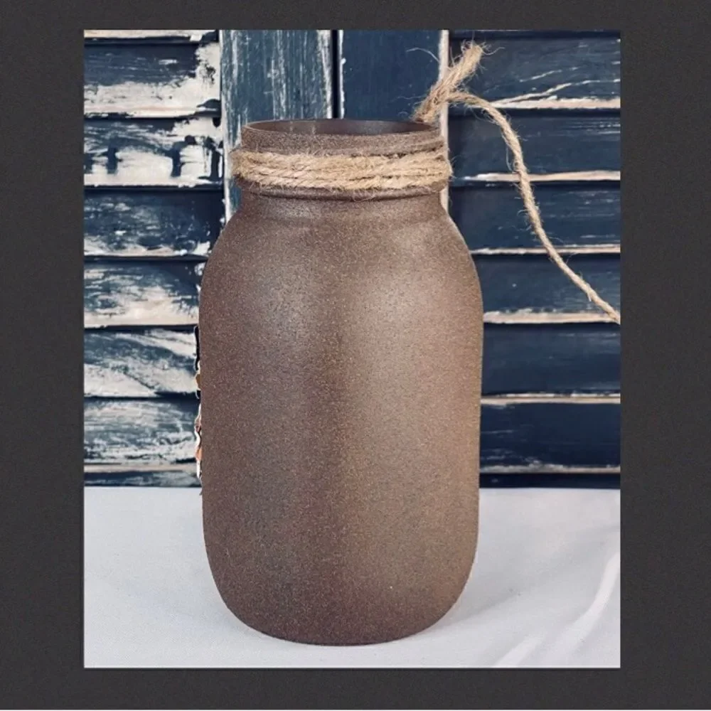 Hand Painted Textured Quart Mason Jar with 3D Paper Flowers and Jute Twine Bow